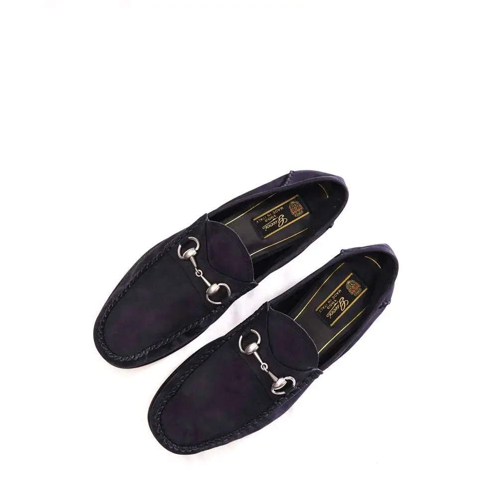 $1,090 GUCCI - Navy Blue Suede Unlined Venetian Loafers - US 9 (8.5G)